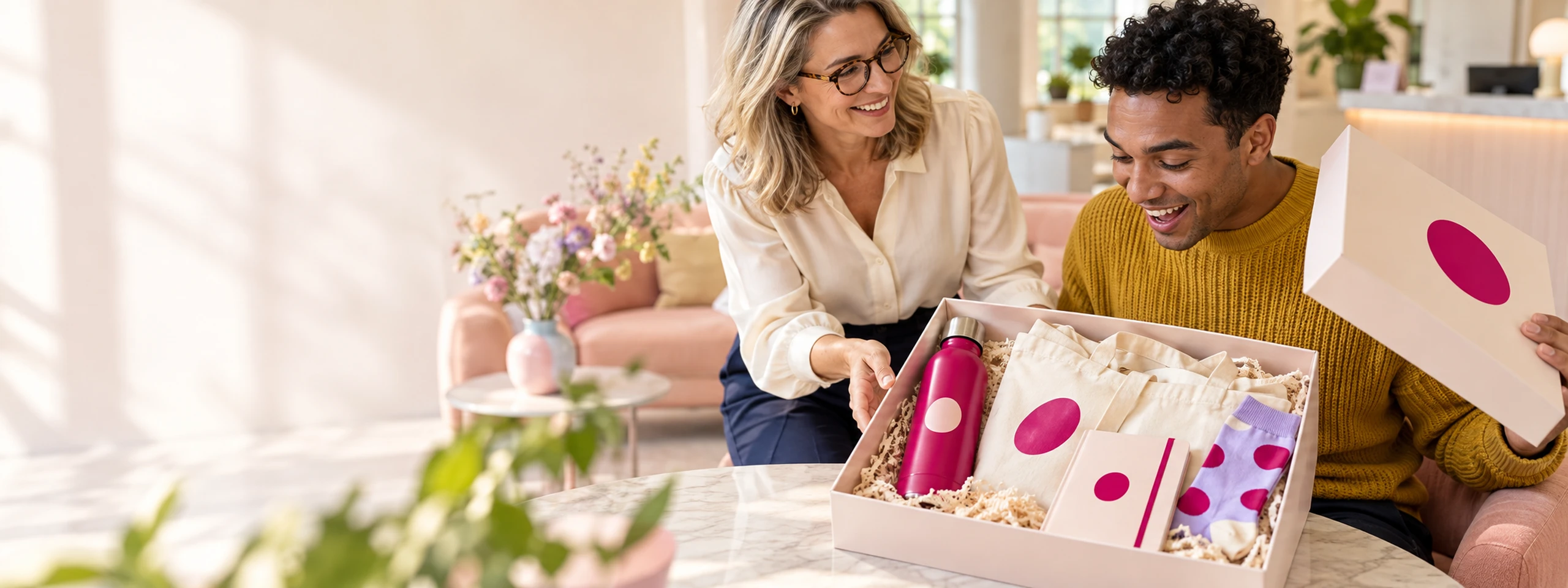 Accountmanager geeft een cadeaubox aan een klant